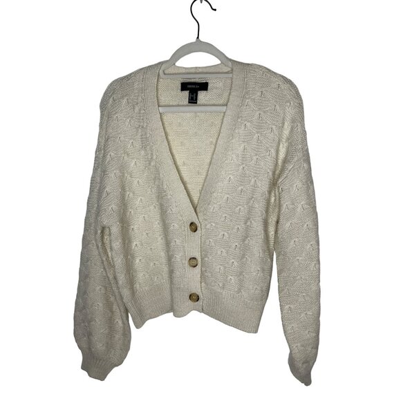 Forever 21 Plus Size 0X Cream Puff Sleeve Cardigan Sweater Button Front Knit - Picture 1 of 11